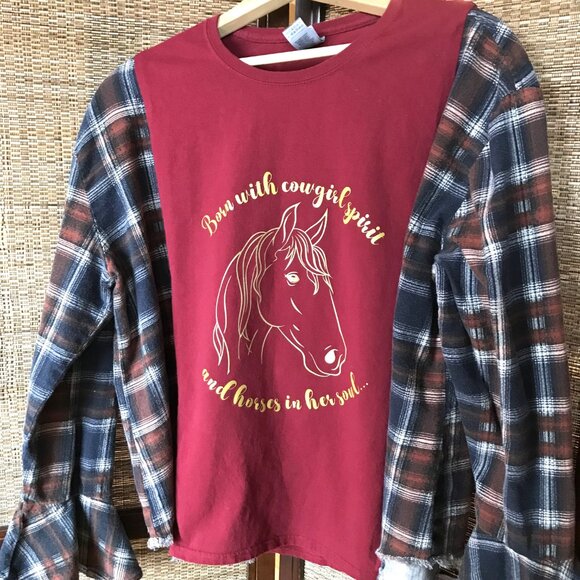 Reworked Flannel Tee, Size M-L: Oversized Upcycled Cowgirl Horse Graphic T-Shirt - Picture 8 of 8